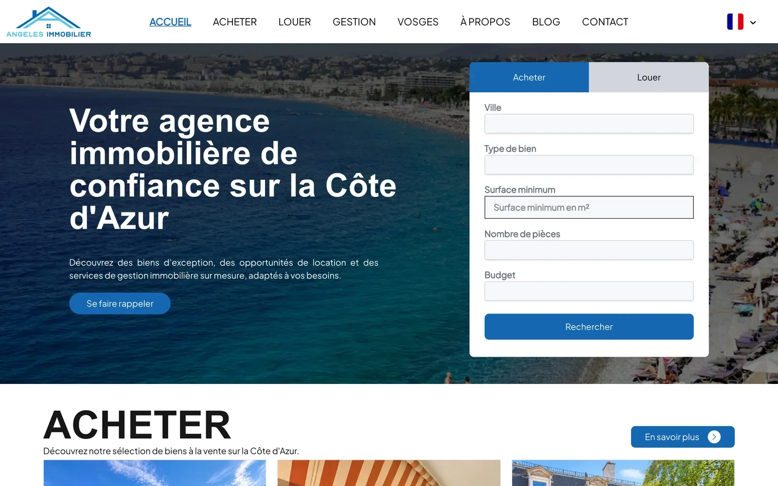 Angeles Immobilier home page: photo of the bay, Buy or Rent search form