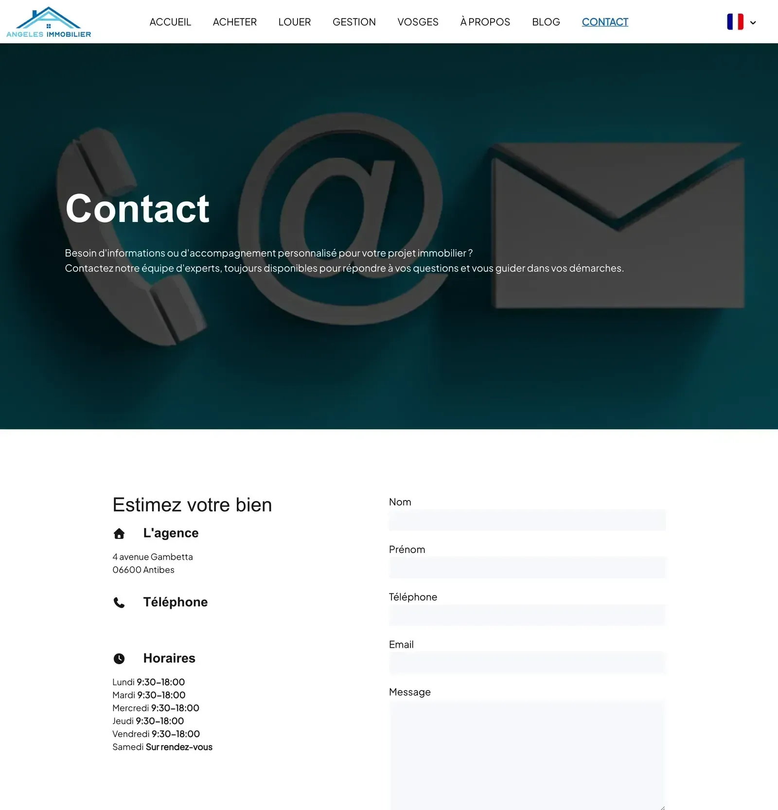 Contact page: agency details and form (phone number hidden)