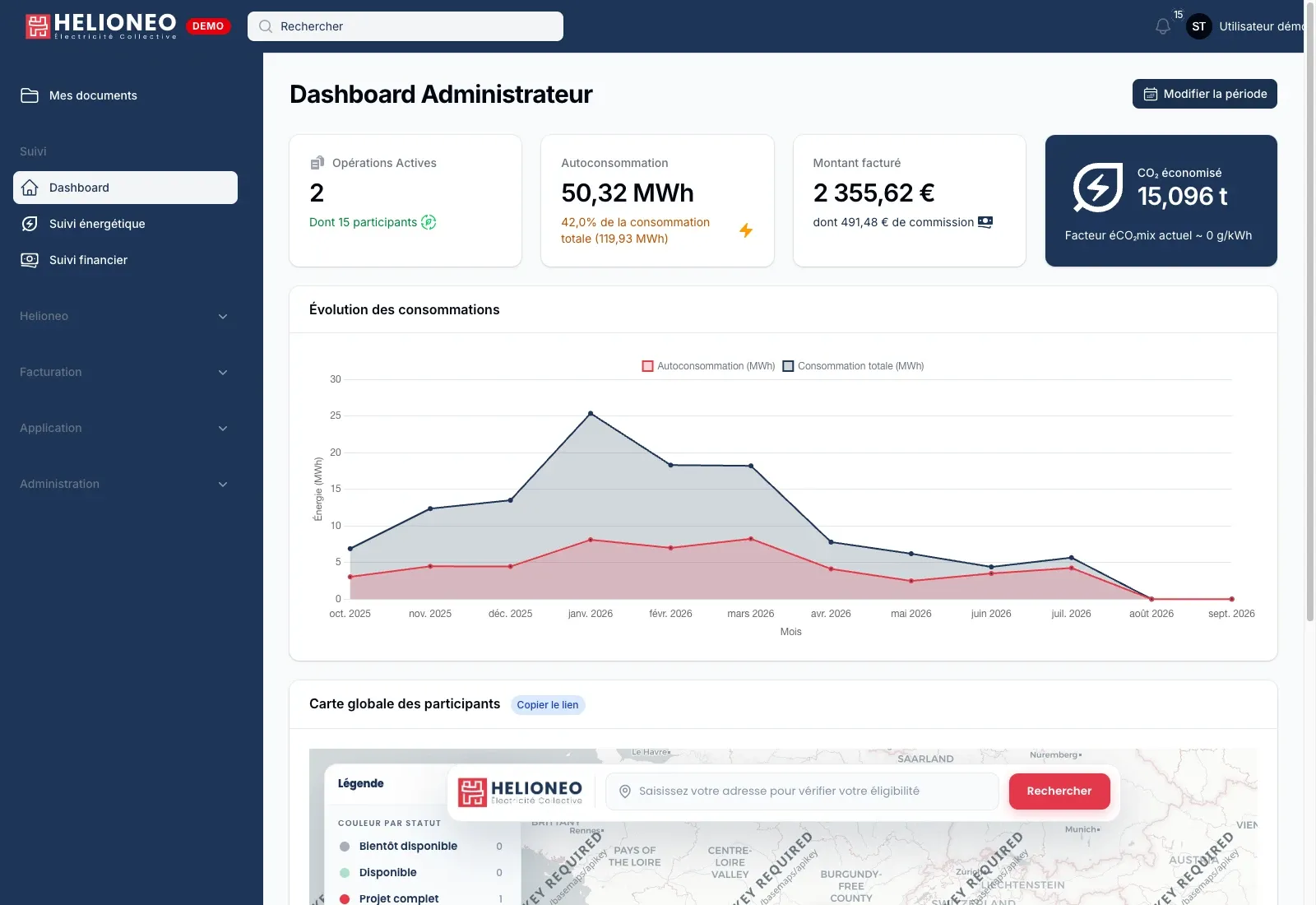 Le tableau de bord : opérations, autoconsommation, facturation et CO₂ évité