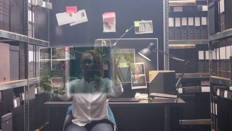 Femme consultant des documents numériques projetés dans une salle d'archives